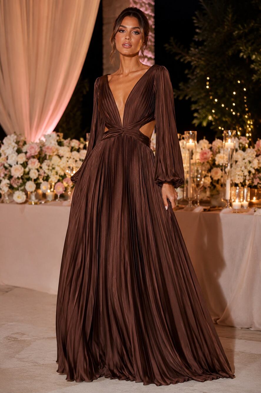New with Tags Mac Duggal 26737 Brown Pleated Cutout Gown Long Sleeve Size 8